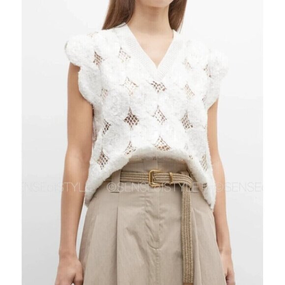 Brunello Cucinelli Top Shirt White Open Knit Women's Size M 42 - Picture 2 of 9